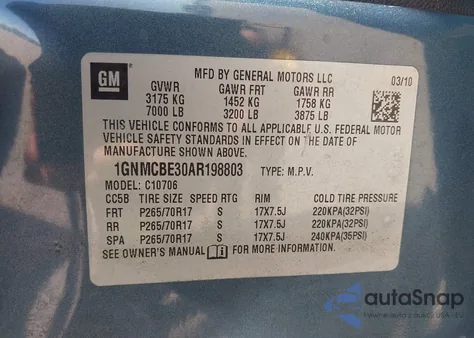 2010 Chevrolet Tahoe Lt z USA, uszkodzony, nr VIN 1GNMCBE30AR198803